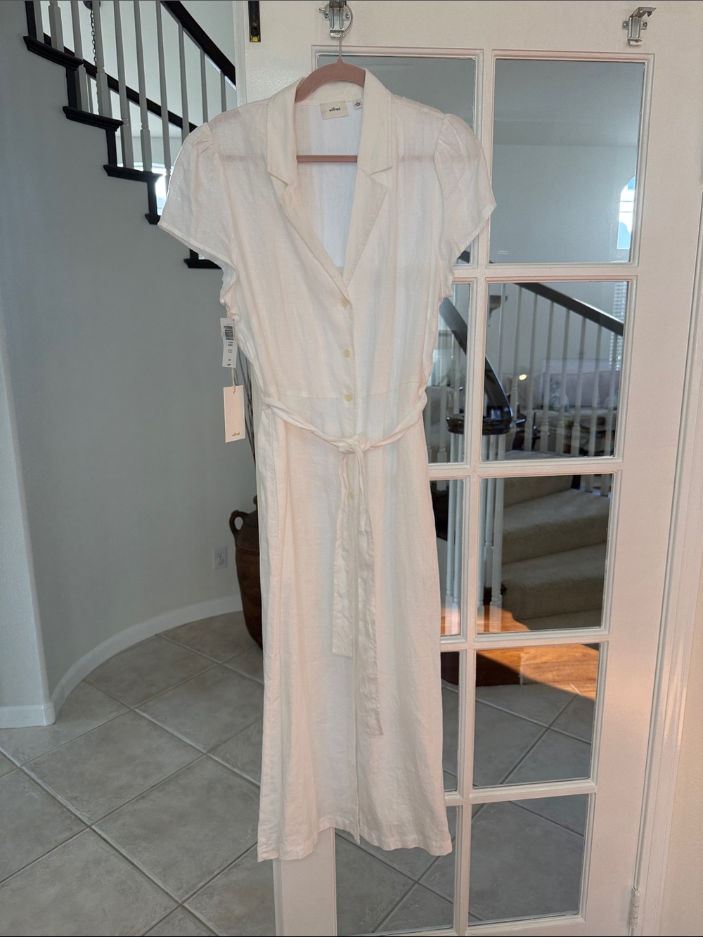 Wilfred (Aritzia) NWT Size L Organic Linen White Button  Midi Dress with Tie